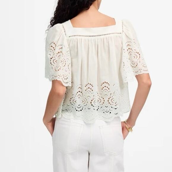NWT Madewell Embroidered Eyelet Flutter-Sleeve Lace Trim Top White Size Small - Picture 3 of 10